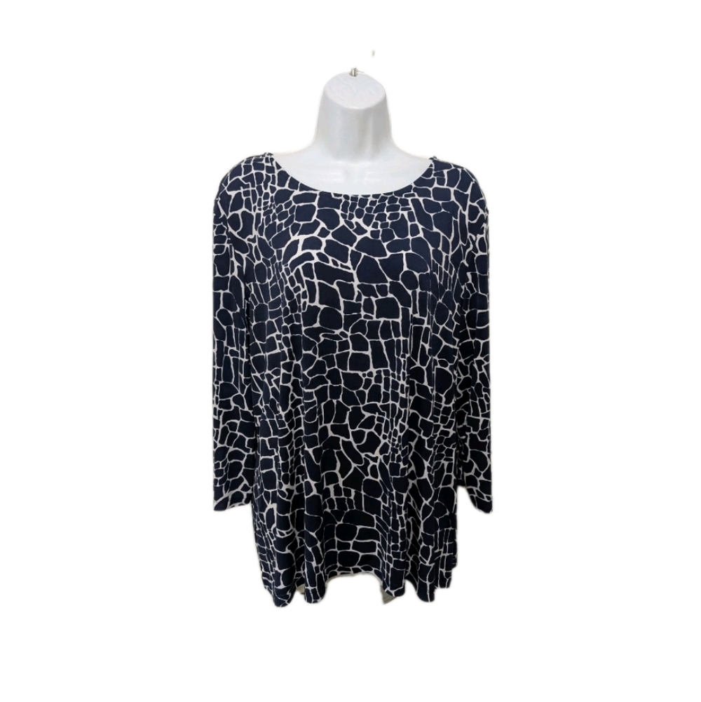 Susan Graver Liquid Knit Tunic Top XL Long Sleeve Blue Print Mature
